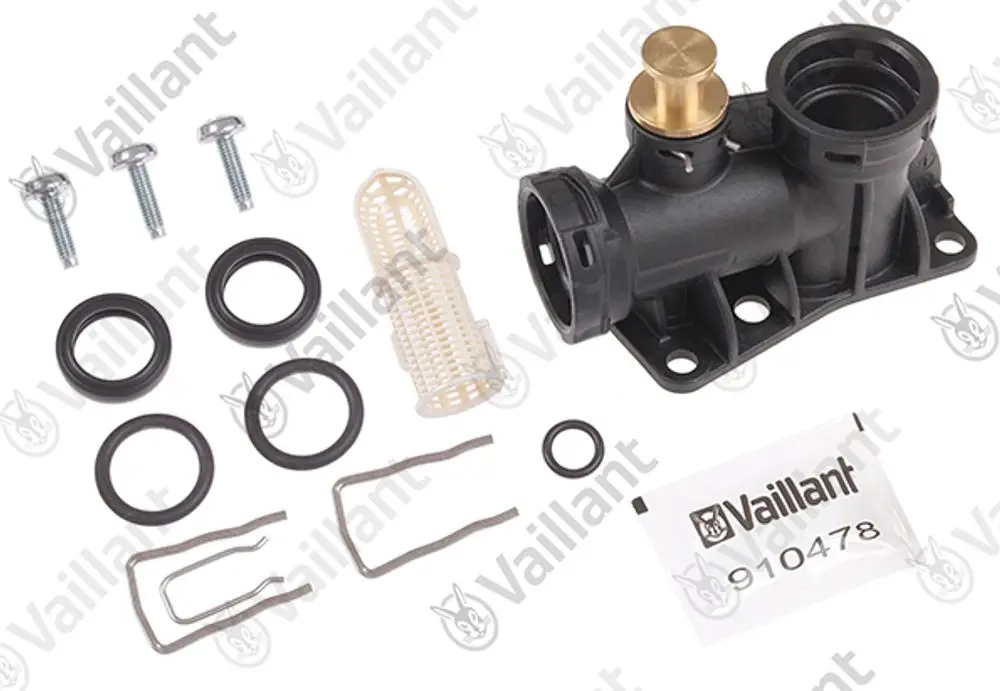 Vaillant Anschlusskomponente aus Kunststoff mit Schrauben, O-Ringen, einem Gitterfilter und zwei Halterungen zur Montage.